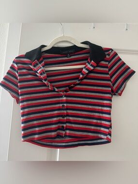 Faded rose Red & Navy Striped Polo Crop Top